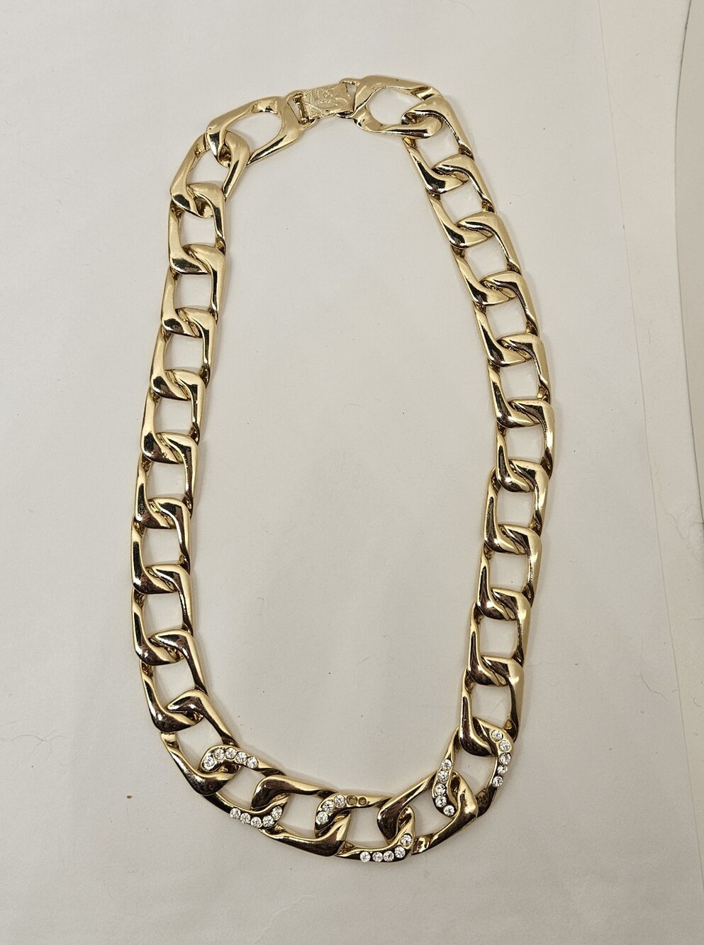 Gold Tone Curb Chain Necklace Rhinestones Crystals 17 In Unsigned Vintage